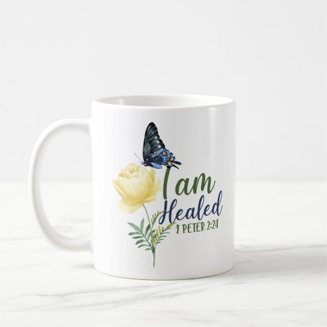 Bible Verse I Am Healed 1 Peter 2:24 Butterfly Coffee Mug (Left)