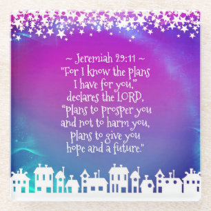 Bible Verse Jeremiah 29:11 Stars and Houses Glass Coaster