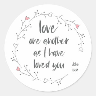 Bible Verse: Love One Another (+ hearts) Classic Round Sticker