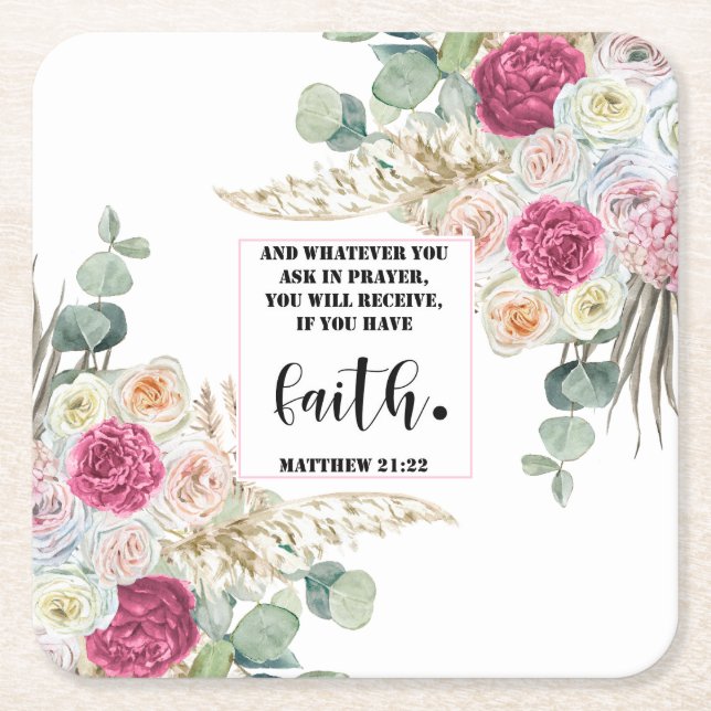 Bible verse Matthew Floral  Square  Paper Coaster (Front)