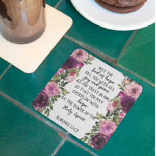 Bible verse Romans plum pink floral scripture  Coaster