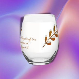 Bible Verse Simple Botanical Brown and White Stemless Wine Glass