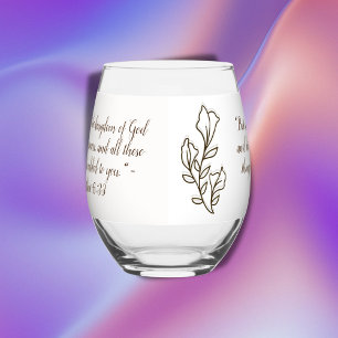Bible Verse Simple Botanical Brown and White Stemless Wine Glass