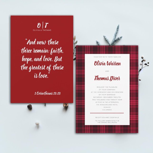 Bible Verse Winter Cozy Red Plaid Elegant Wedding Invitation (Bible verse winter wedding invitation cozy Christmas red plaid elegant rustic snow holidays mountain)