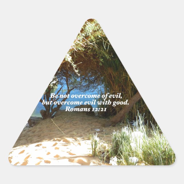 Bible Verses Love Quote Saying Romans 12:21 Triangle Sticker (Front)