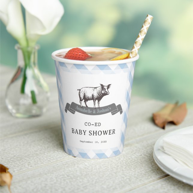 Bibs & Ribs BBQ Rustic Blue Gingham Baby Shower Paper Cups (Insitu)