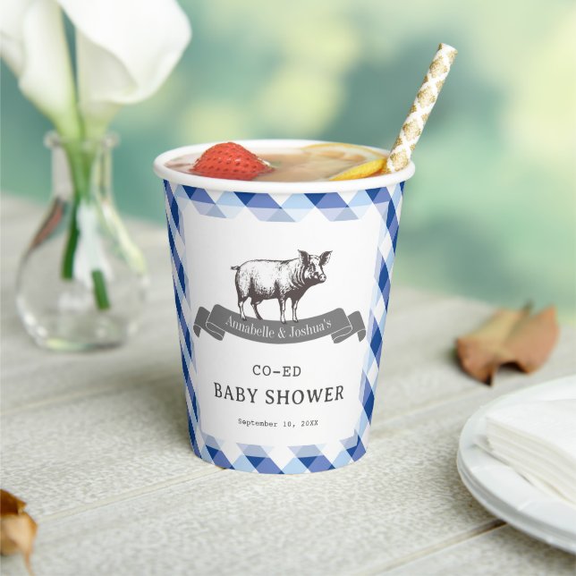 Bibs & Ribs BBQ Rustic Navy Gingham Baby Shower Paper Cups (Insitu)