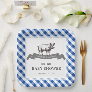 Bibs & Ribs BBQ Rustic Navy Gingham Baby Shower Paper Plate