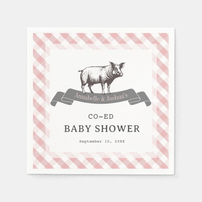 Bibs & Ribs BBQ Rustic Pink Gingham Baby Shower Napkin (Front)