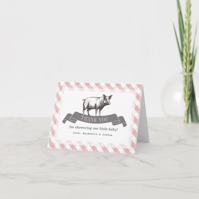Bibs & Ribs BBQ Rustic Pink Gingham Baby Shower Thank You Card (Front)