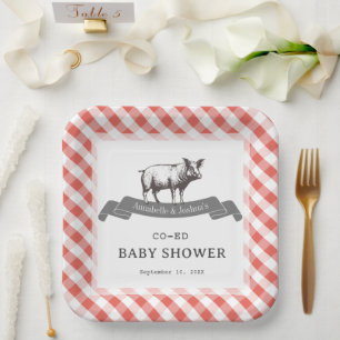 Bibs & Ribs BBQ Rustic Red Gingham Baby Shower Paper Plate