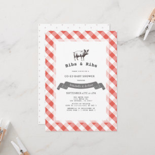 Bibs & Ribs Rustic Red Gingham Co-Ed Baby Shower Invitation