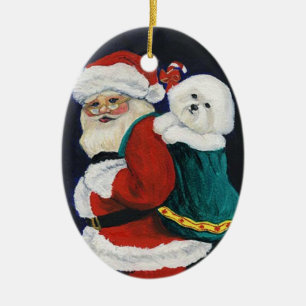 Bichon Frise and Santa Art Christmas Ornament