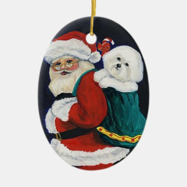 Bichon Frise and Santa Art Christmas Ornament (Front)