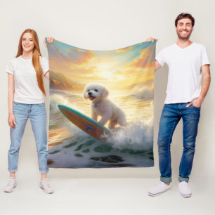 Bichon Frise Beach Surfing Painting  Fleece Blanket