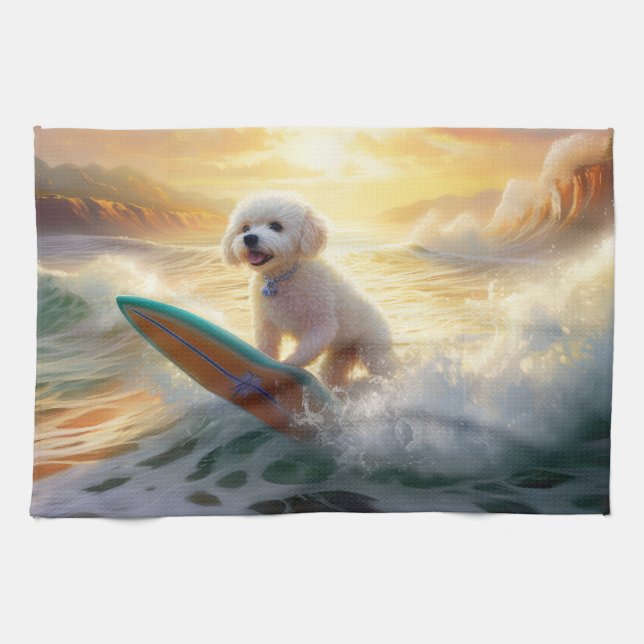 Bichon Frise Beach Surfing Painting  Kitchen Towel (Horizontal)