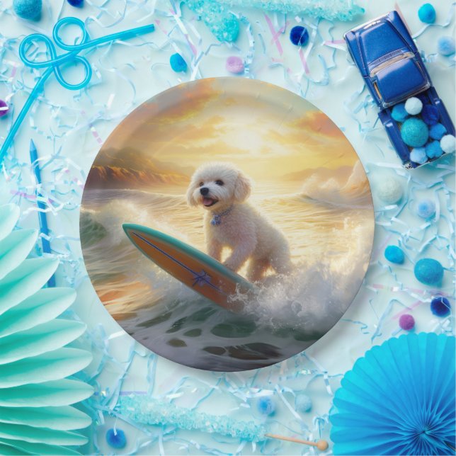 Bichon Frise Beach Surfing Painting  Paper Plate (Party)