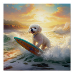 Bichon Frise Beach Surfing Painting Poster