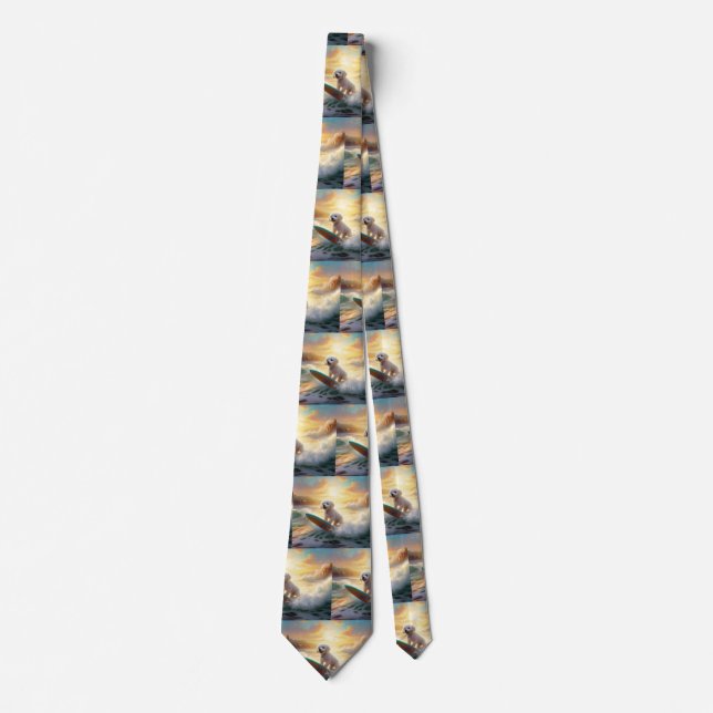 Bichon Frise Beach Surfing Painting  Tie (Front)