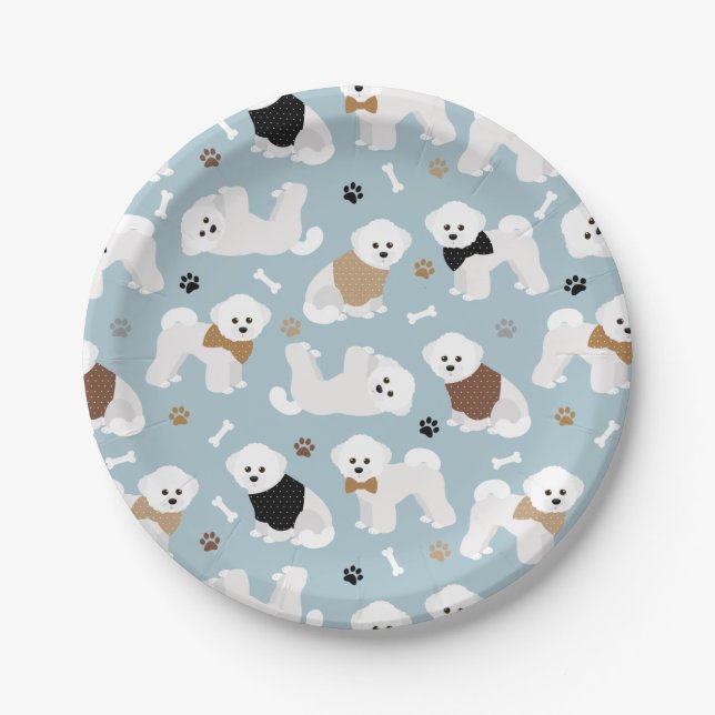 Bichon Frise Bones and Paws Blue Paper Plate (Front)