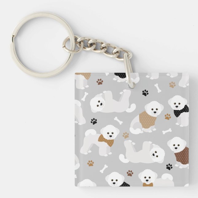 Bichon Frise Bones and Paws Grey Keychain (Front)