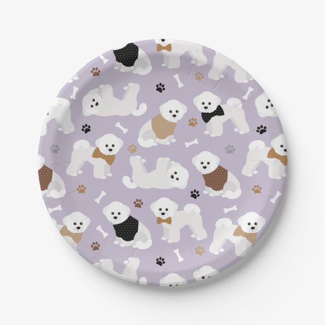 Bichon Frise Bones and Paws Purple Paper Plate (Front)