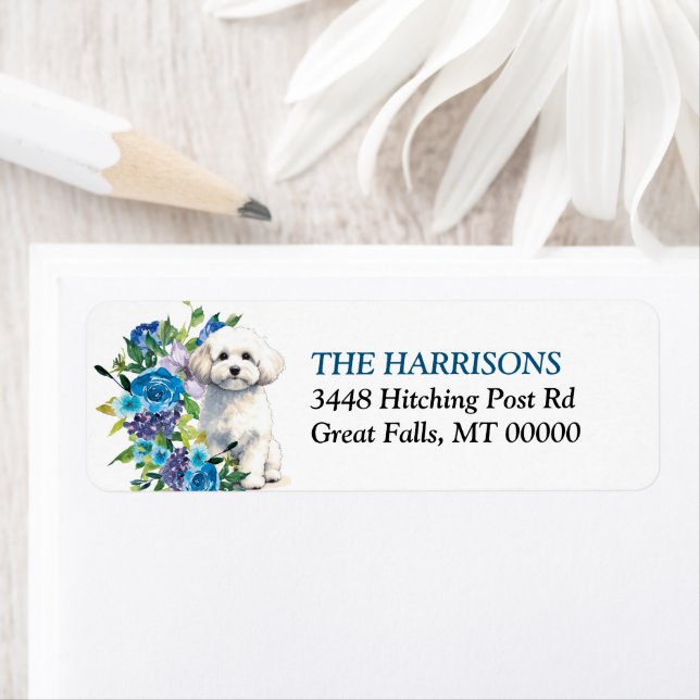 Bichon Frise Chien Blue Floral Adresse de retour (En situation)