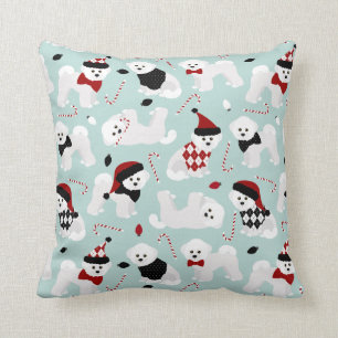 Bichon Frise Christmas Blue Throw Pillow