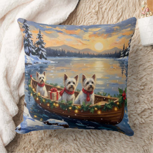 Bichon Frise Christmas Boat Holiday Throw Pillow