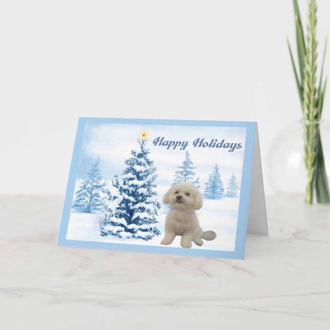Bichon Frise Christmas Card Blue Tree (Front)