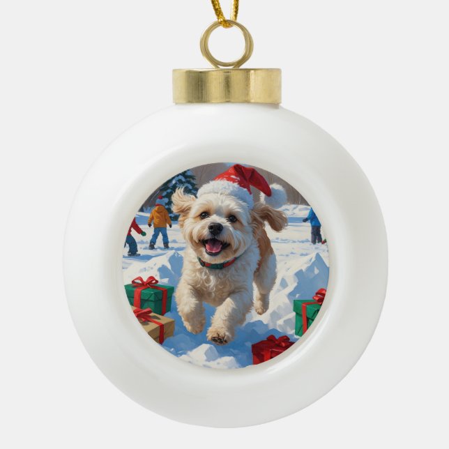 Bichon Frise Christmas Festive Snow Scene Ceramic Ball Christmas Ornament (Front)