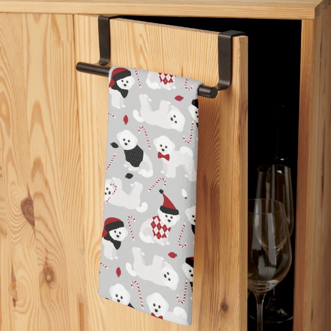 Bichon Frise Christmas Grey Kitchen Towel (Thirds Fold)