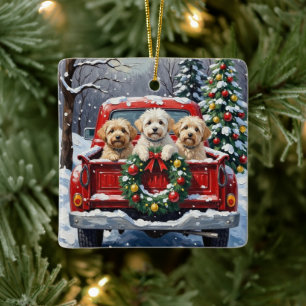 Bichon Frise Christmas Red Truck Holiday Ceramic Ornament