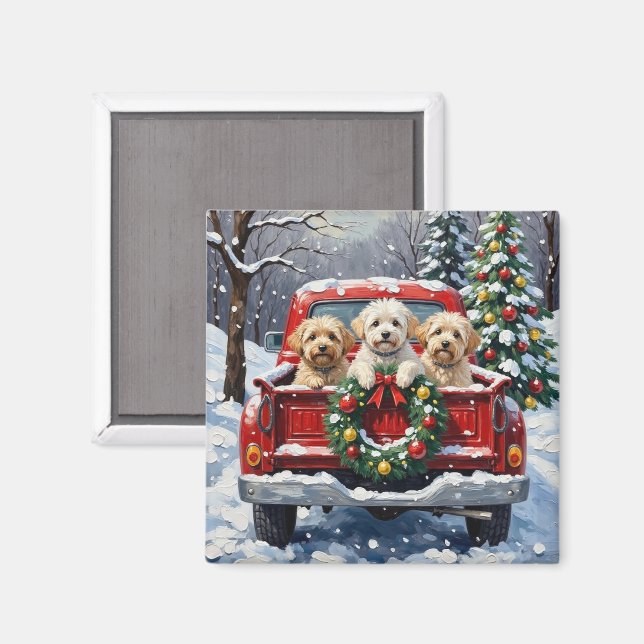 Bichon Frise Christmas Red Truck Holiday Magnet (Front/Back)