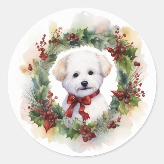 Bichon Frise Christmas Wreath Festive Pup Classic Round Sticker (Front)
