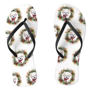 Bichon Frise Christmas Wreath Festive Pup Flip Flops