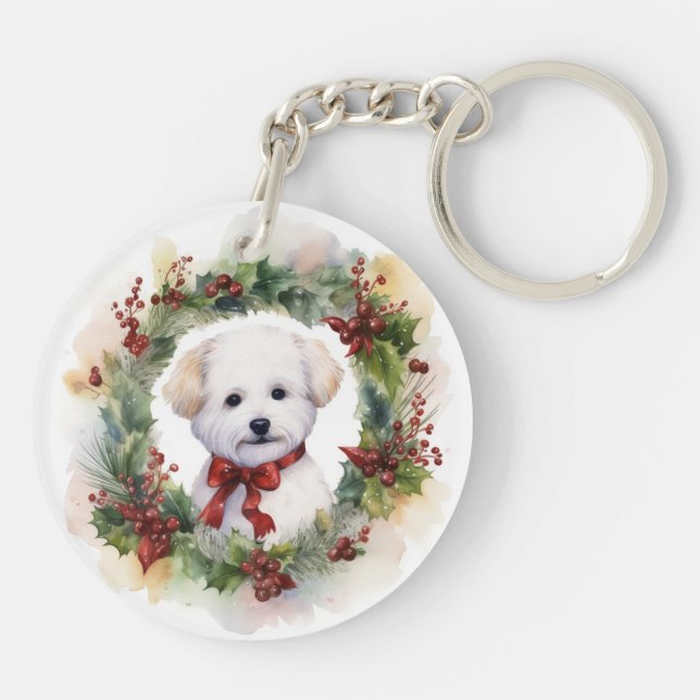 Bichon Frise Christmas Wreath Festive Pup Keychain (Back)
