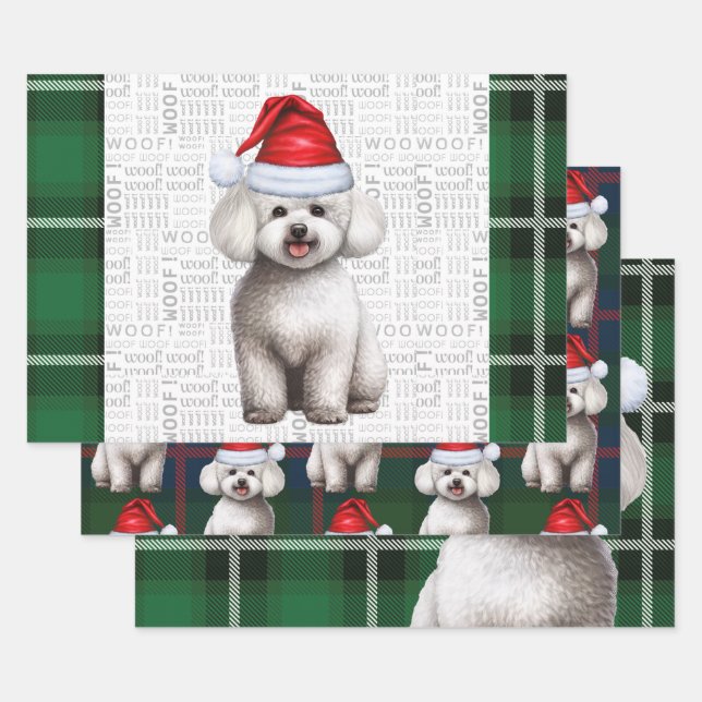 Bichon Frise Dog and Green Plaid Holiday Wrapping Paper Sheet (Set)