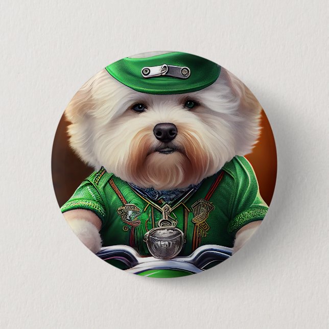 Bichon Frisé Dog Driving Bike St. Patrick's Day 2 Inch Round Button (Front)