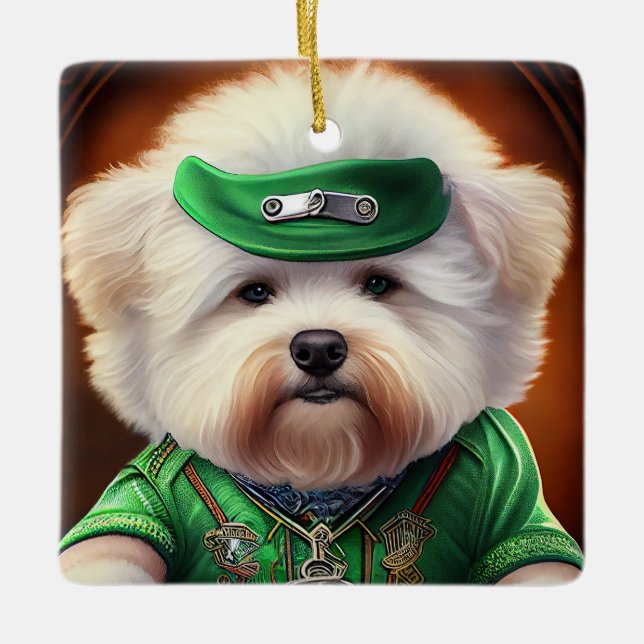 Bichon Frisé Dog Driving Bike St. Patrick's Day Ceramic Ornament (Front)