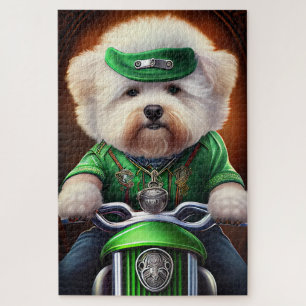 Bichon Frisé Dog Driving Bike St. Patrick's Day Jigsaw Puzzle