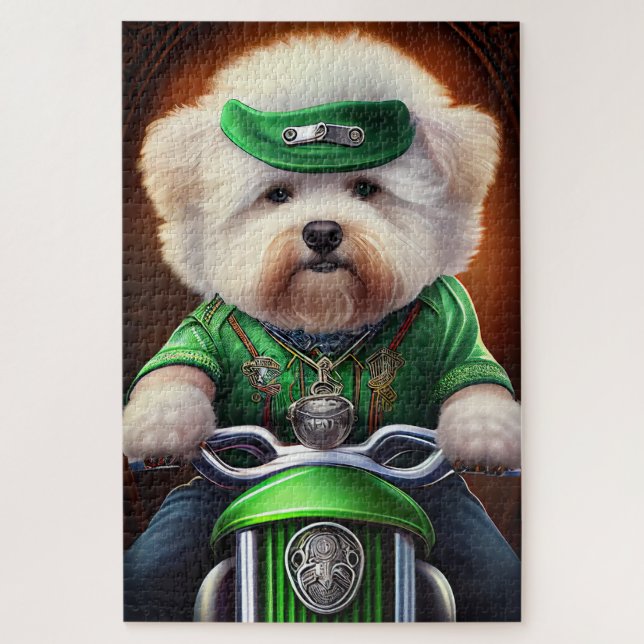 Bichon Frisé Dog Driving Bike St. Patrick's Day Jigsaw Puzzle (Vertical)
