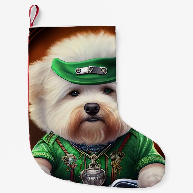 Bichon Frisé Dog Driving Bike St. Patrick's Day Small Christmas Stocking (Front)