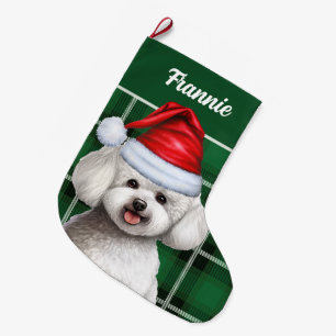 Bichon Frise Dog Holiday Green Plaid Dog's Name Large Christmas Stocking