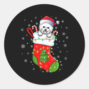 Bichon Frise Dog In Christmas Socks Lights Xmas Pr Classic Round Sticker