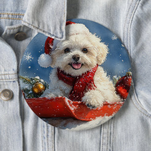 Bichon Frise Dog in Sledge Let it Snow Christmas 6 Inch Round Button
