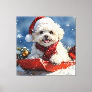 Bichon Frise Dog in Sledge Let it Snow Christmas  Canvas Print