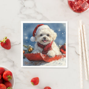Bichon Frise Dog in Sledge Let it Snow Christmas Napkin