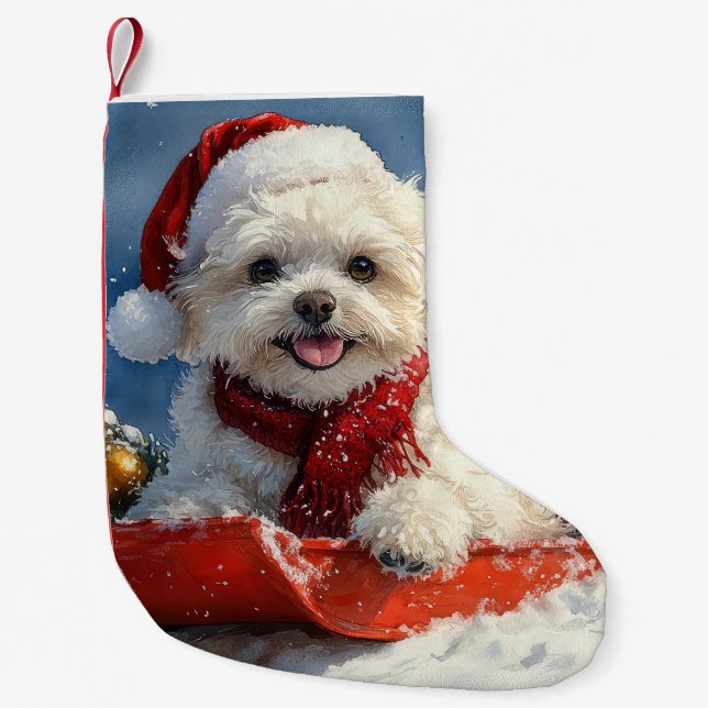 Bichon Frise Dog in Sledge Let it Snow Christmas  Small Christmas Stocking (Front)