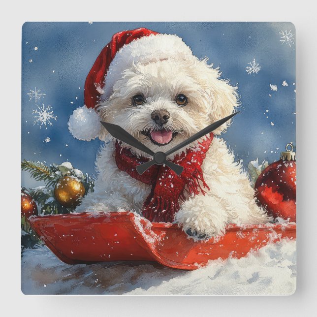 Bichon Frise Dog in Sledge Let it Snow Christmas  Square Wall Clock (Front)